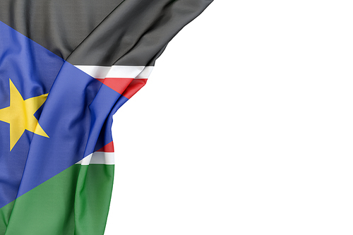 Flag of South Sudan in the corner on white background. Isolated, contains clipping path