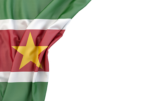 Flag of Suriname in the corner on white background. Isolated, contains clipping path