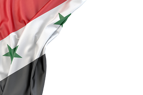 Flag of Syria in the corner on white background. Isolated, contains clipping path