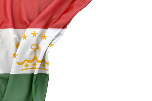 Flag of Tajikistan in the corner on white background. Isolated, contains clipping path