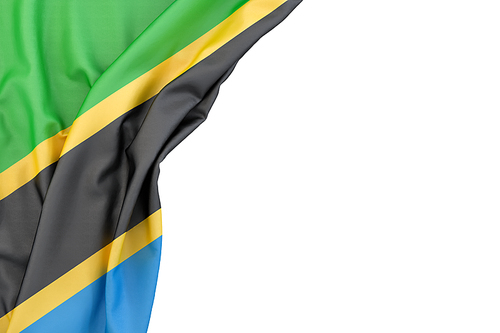Flag of Tanzania in the corner on white background. Isolated, contains clipping path
