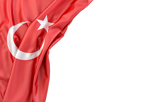 Flag of Turkey in the corner on white background. Isolated, contains clipping path