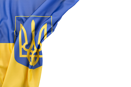 Flag of Ukraine with coat of arms in the corner on white background. Isolated, contains clipping path