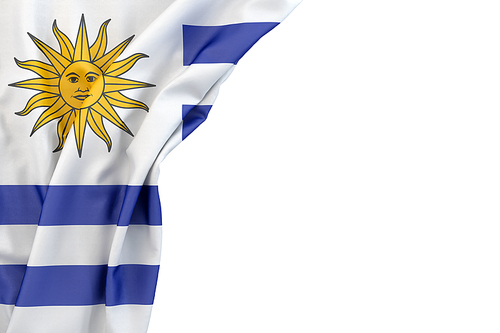 Flag of Uruguay in the corner on white background. Isolated, contains clipping path