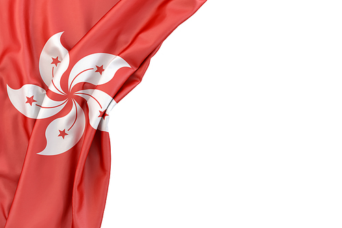 Flag of Hong Kong in the corner on white background. Isolated, contains clipping path