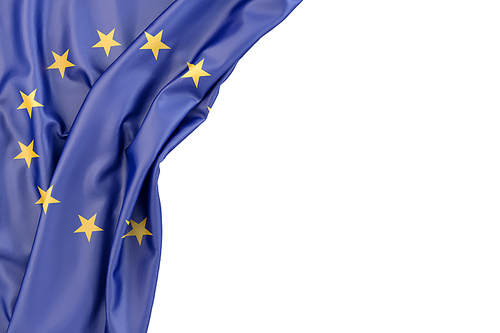 Flag of European Union in the corner on white background. Isolated, contains clipping path