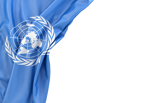 Flag of the United Nations in the corner on white background. Isolated, contains clipping path