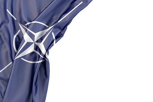 Flag of NATO in the corner on white background. Isolated, contains clipping path