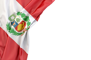 Flag of Peru in the corner on white background. Isolated, contains clipping path