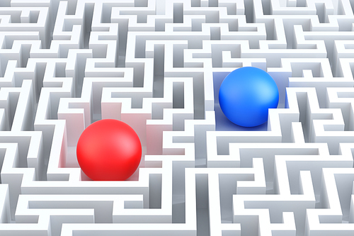 Two Spheres in a maze. 3D illustration