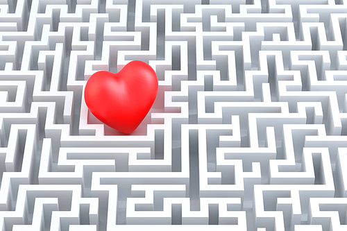 Red heart in the middle of the maze. 3d illustration