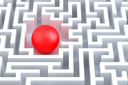 Red sphere in an abstract maze. 3d illustration