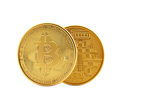 Golden Bitcoin coins. 3D illustration. Isolated. Contains clipping path