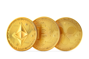 Set of cryptocurrencies: Ethereum, Bitcoin, Ripple. 3D illustration. Isolated. Contains clipping path