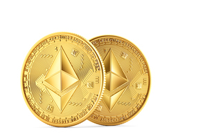 Golden Ethereum coins. 3D illustration. Isolated. Contains clipping path