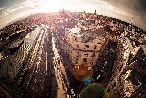 High angle view of the narrow streets. Prague old town, Czech Republic