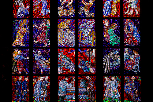 Stained-glass window designed by Art Nouveau painter Alfons Mucha in St. Vitus Cathedral? Prague, Czech Republic