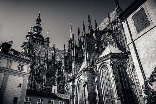 Black and white photo of Saint Vitus Cathedral. View of the eastern faзade. Prague, Czech Republic