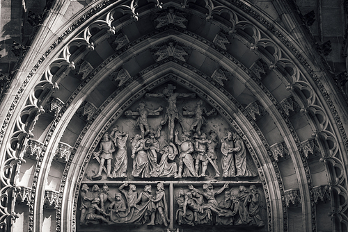 Entrance to St Vitus cathedral, relief depicting crucifixion of Christ. Prague, Czech Republic