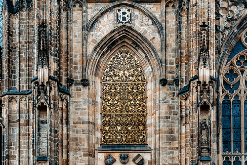 Fragment of Golden gate's window of Saint Vitus cathedral. Prague, Czech Republic
