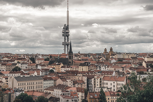 Zizkov TV tower and Prague cityscape. Czech Republic