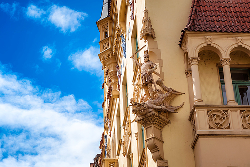 Beautiful facade of old building in Jewish Quarter. Czech Republic, Prague.