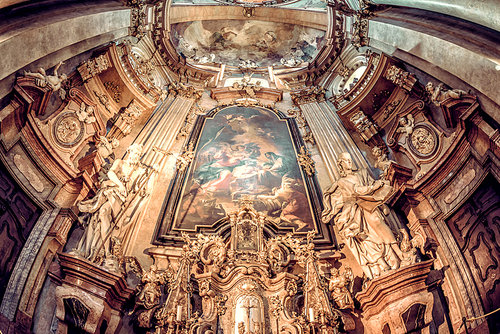 Baroque interior of St Nicholas church. Lesser town, Prague, Czech Republic