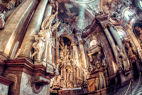 Interior and altar of St. Nicholas Church. Lesser Town, Prague, Czech Republic