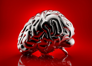 Metallic human brain rendered over red background. 3D illustration