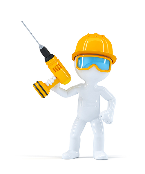 Builder with drill. Isolated on white background