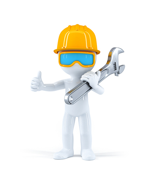 Worker with pipe wrench. Isolated over white background