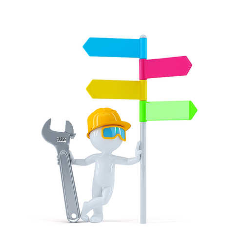 Construction worker with colorful signpost. Isolated over white background