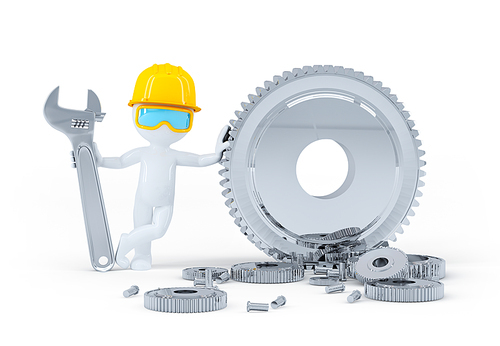 Construction worker with wrench and gears. Isolated on white background