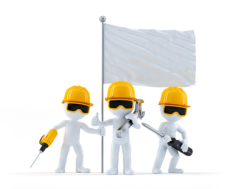 Group of construction workers with flag. Isolated on white background