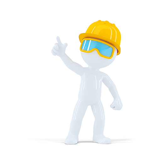 Construction worker with helmet pointing at object. Isolated on white background