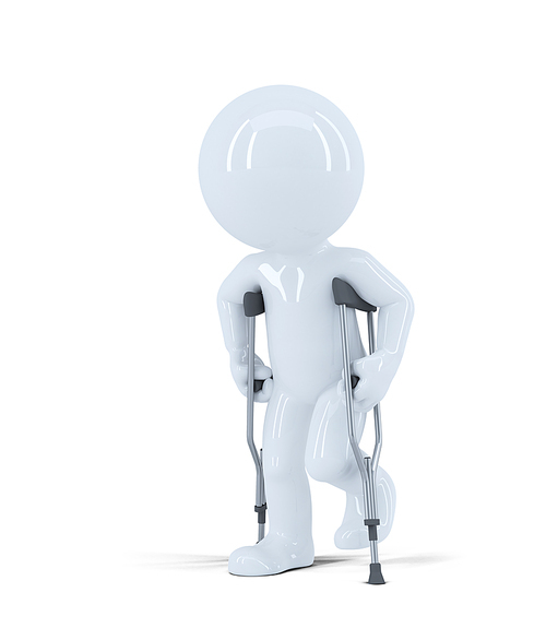 3d man walking on crutches. Isolated on white background