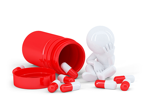 Depressed man taking pills. Isolated on white background