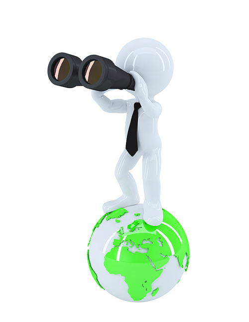 Businessman with binoculars standing on top of the globe. Business concept. Isolated