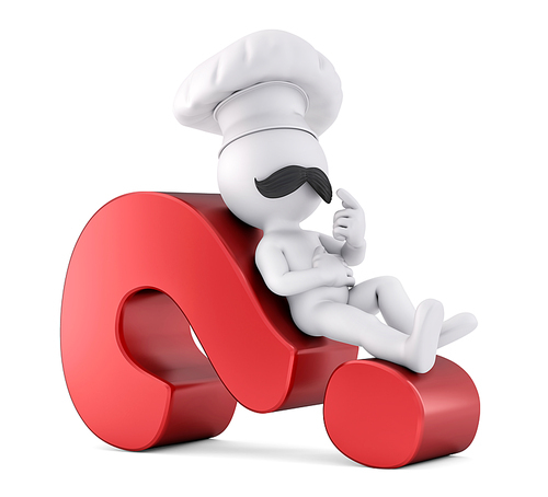 Chef laying on a red question mark. 3D illustration. Isolated