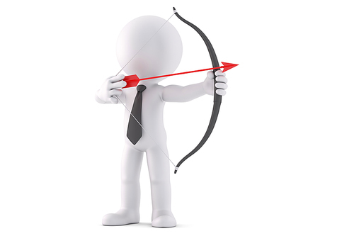 Businessman with bow and arrow. 3D illustration. Isolated over white background