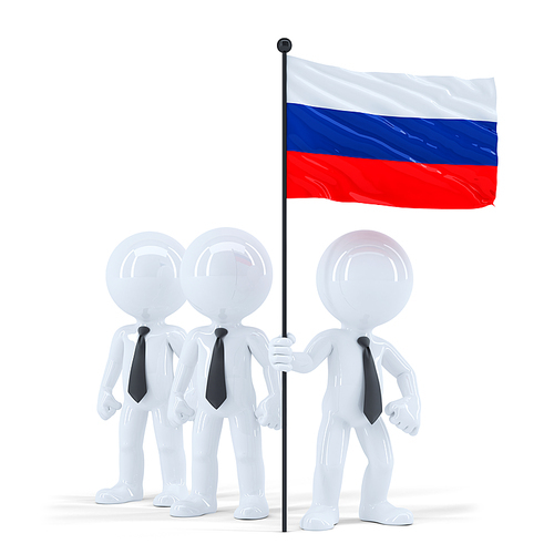 Business team holding flag of Russia. Isolated. Contains clipping path