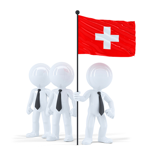 Business team holding flag of Swiss. Isolated. Contains clipping path