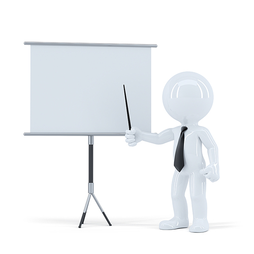 Business presentation. 3d man standing in front of a blank board. Isolated. Contains clipping path of scene and blank board