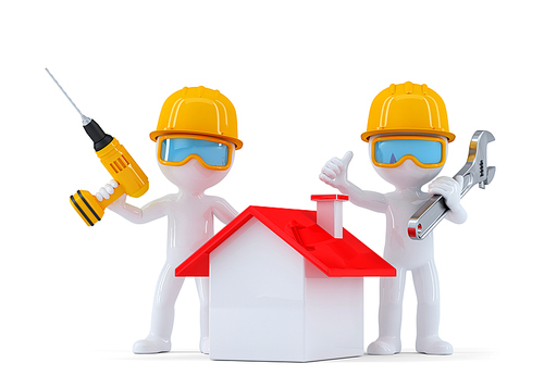 Construction Workers with home. Isolated. contains clipping path