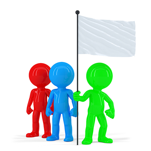 Team of coloured people holding flag. Isolated. Contains clipping path