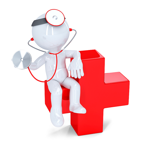 3d doctor with stethoscope sitting on red cross. Isolated on white. Contains clipping path.