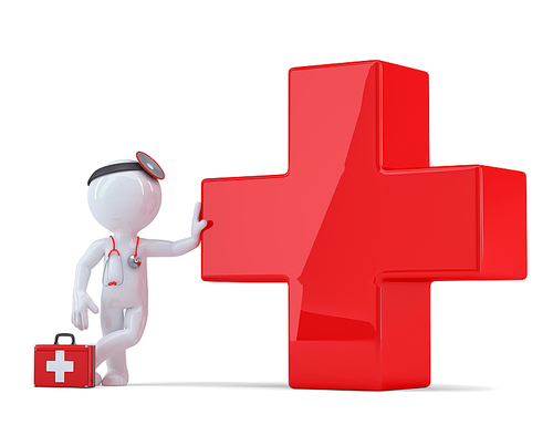 3d doctor with cross symbol. Medical service concept. Isolated. Contains clipping path