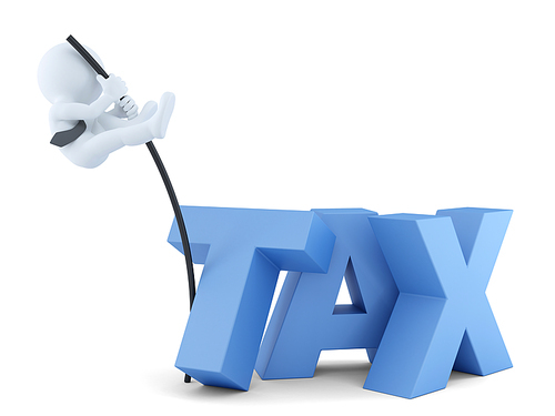 Business men jumping over tax sign. Business concept. Isolated. Contains clipping path