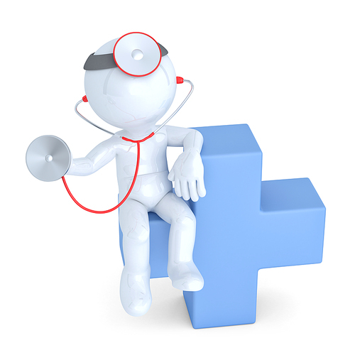 Doctor with stethoscope sitting on blue cross. Isolated. Contains clipping path