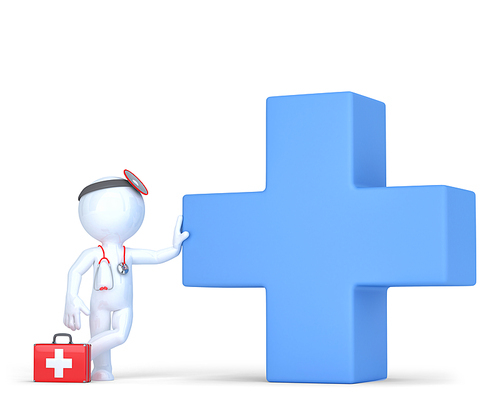 3d Doctor with blue medical cross symbol. Isolated over white. Contains clipping path